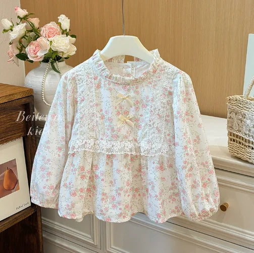 Children's Clothing Girls' Court Style Shirt 2025 Autumn Clothing Children's French Children's Floral Doll Shirt Long Sleeve