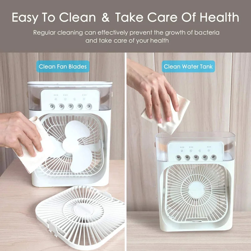 Household mini evaporative air cooler humidifier fan, timer night light, desktop cooling fan, suitable for indoor office desks