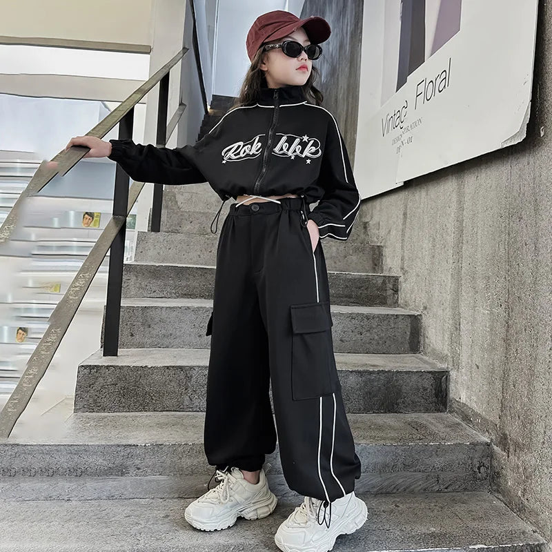 Teen children clothes Girl Dance Clothes Set Short Zipper Coat+Pants 2pcs Kids suit Tracksuits Clothing outfits 5 6 7 9 11 13 15