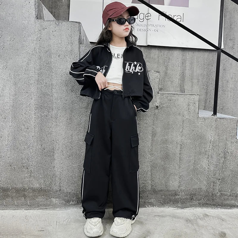 Teen children clothes Girl Dance Clothes Set Short Zipper Coat+Pants 2pcs Kids suit Tracksuits Clothing outfits 5 6 7 9 11 13 15
