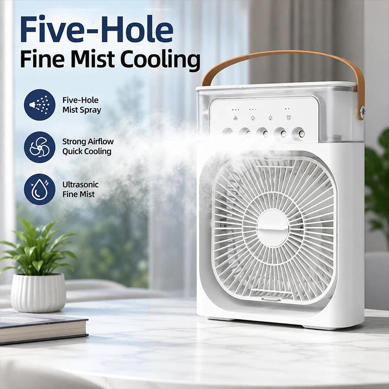 Household mini evaporative air cooler humidifier fan, timer night light, desktop cooling fan, suitable for indoor office desks