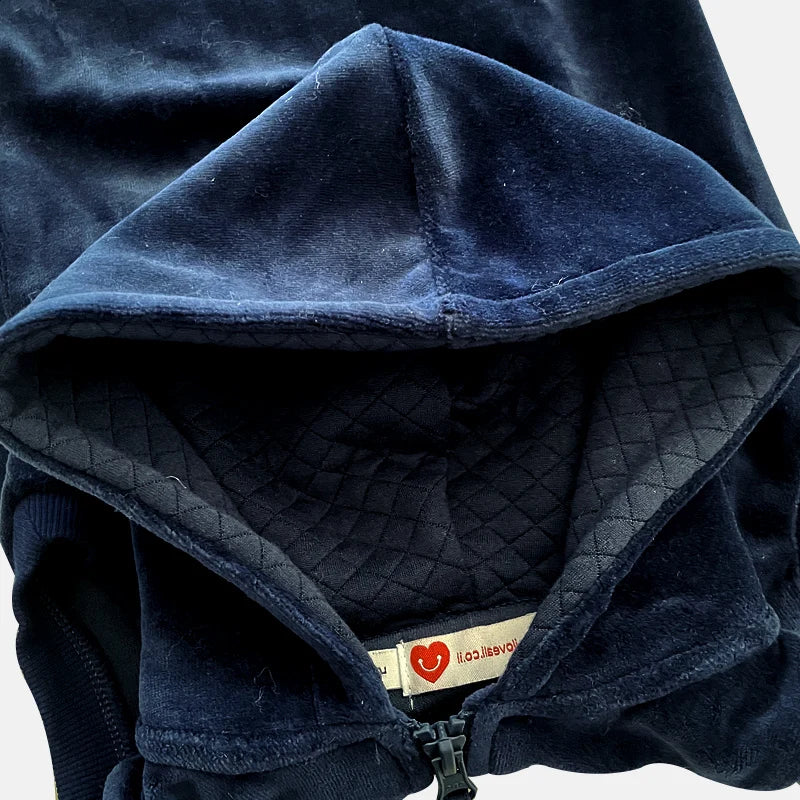 Childhood Clothing Boy/Girl School Vest Navy Velour Lining Hooded Outside Vest Front Zippers and Embroidered Heart Kids Tops