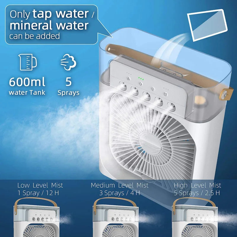 Household mini evaporative air cooler humidifier fan, timer night light, desktop cooling fan, suitable for indoor office desks