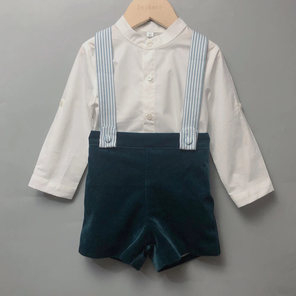 Children's Boutique Clothing Toddler Boys Green Velvet Strap Shorts Suits Cotton Long Sleeve Shirts Siblings Baptism Eid Dresses