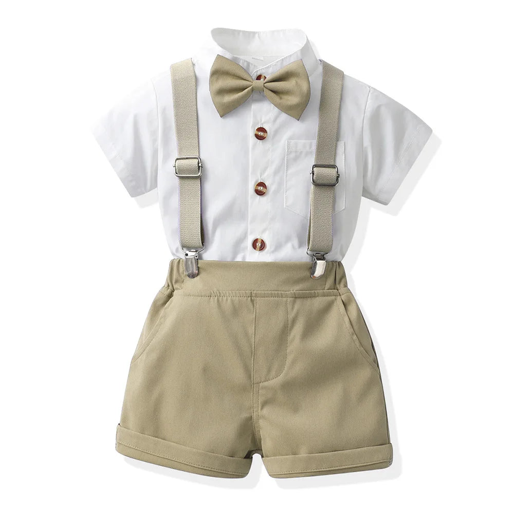 Children Formal Clothing Summer Comfortable Two Piece Set Kid Short Sleeve Shirt Bow Tie Suspenders Shorts Boy Elegant Outfit