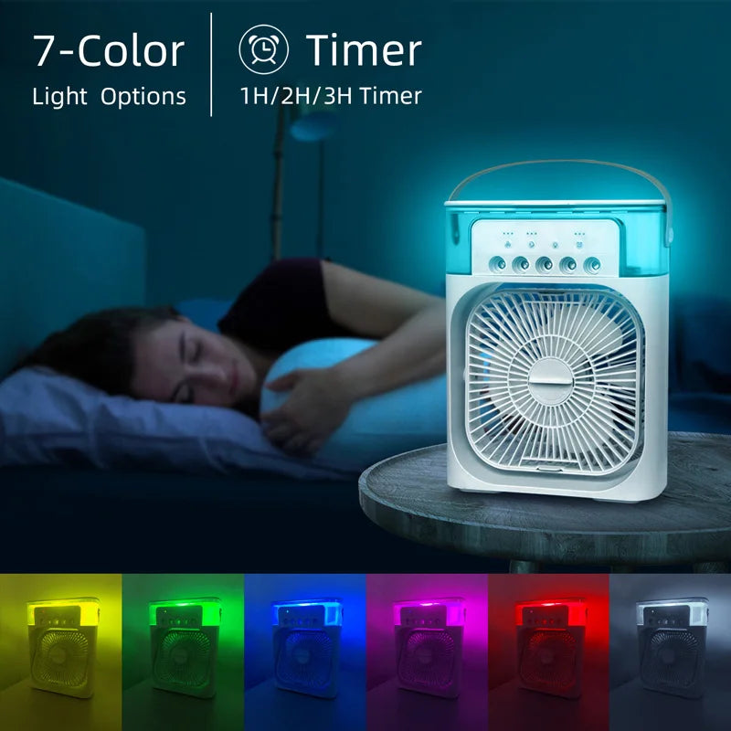 Household mini evaporative air cooler humidifier fan, timer night light, desktop cooling fan, suitable for indoor office desks