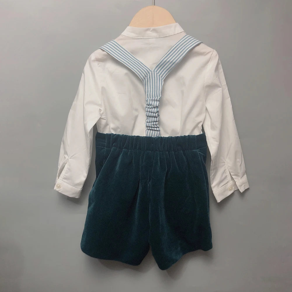 Children's Boutique Clothing Toddler Boys Green Velvet Strap Shorts Suits Cotton Long Sleeve Shirts Siblings Baptism Eid Dresses