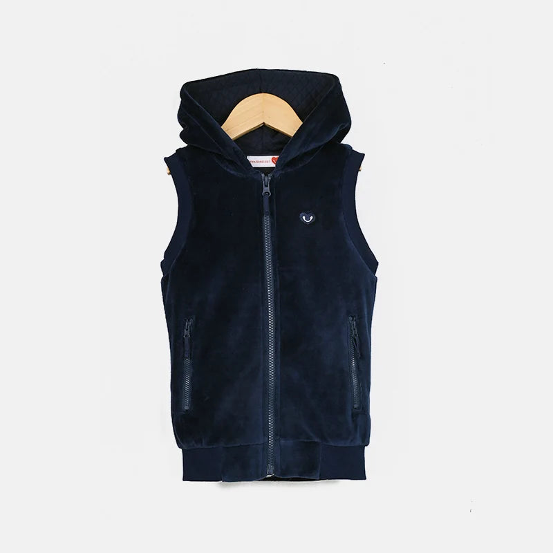 Childhood Clothing Boy/Girl School Vest Navy Velour Lining Hooded Outside Vest Front Zippers and Embroidered Heart Kids Tops