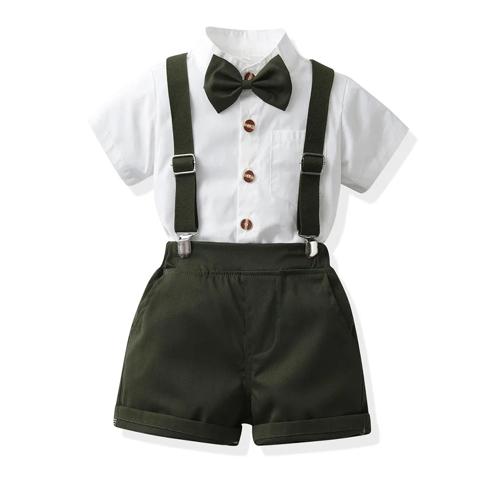 Children Formal Clothing Summer Comfortable Two Piece Set Kid Short Sleeve Shirt Bow Tie Suspenders Shorts Boy Elegant Outfit