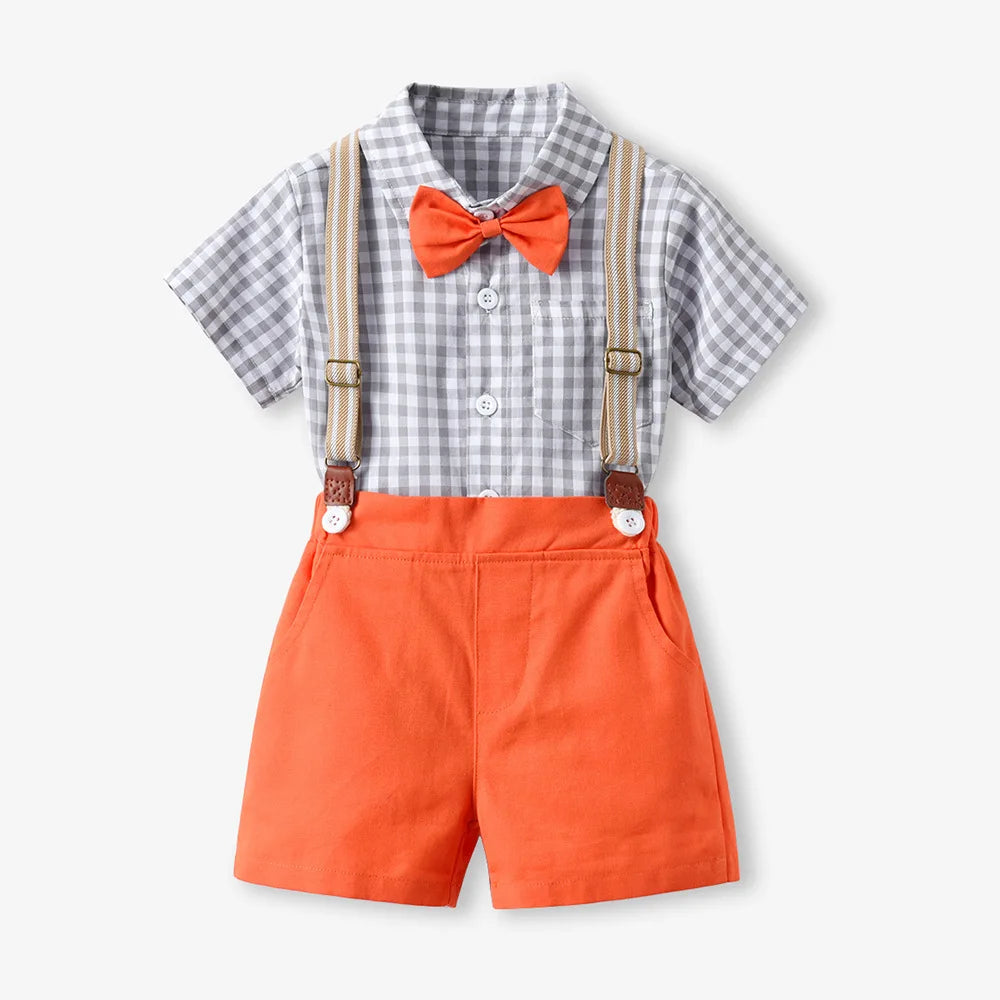 Children Formal Clothing Summer Comfortable Two Piece Set Kid Short Sleeve Shirt Bow Tie Suspenders Shorts Boy Elegant Outfit