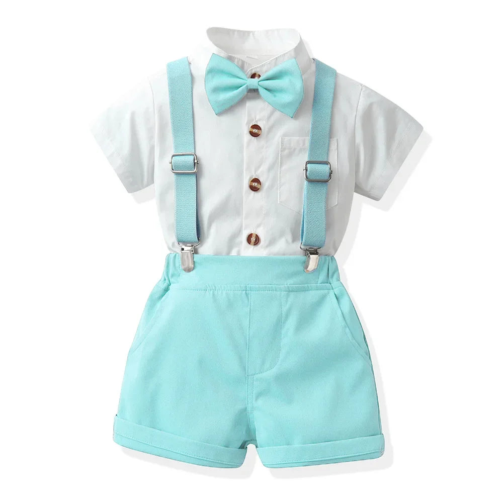 Children Formal Clothing Summer Comfortable Two Piece Set Kid Short Sleeve Shirt Bow Tie Suspenders Shorts Boy Elegant Outfit