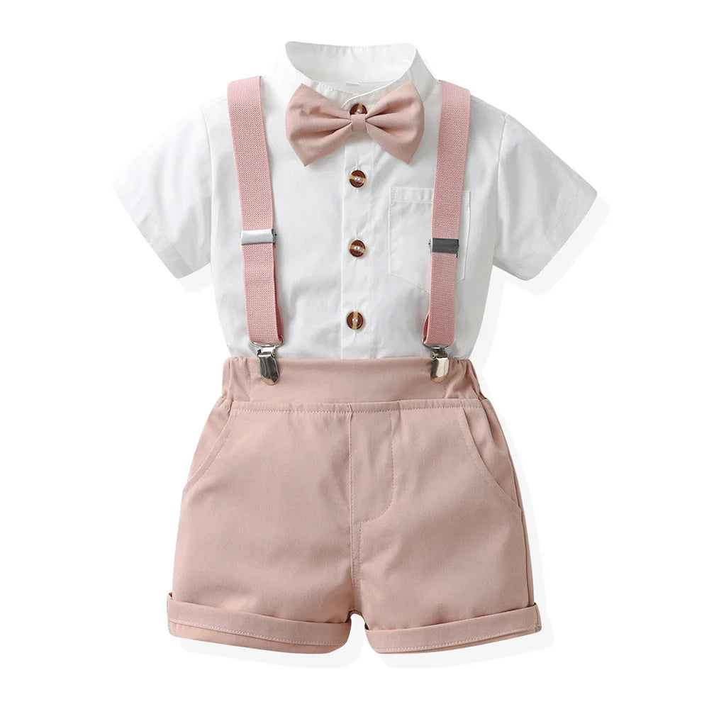 Children Formal Clothing Summer Comfortable Two Piece Set Kid Short Sleeve Shirt Bow Tie Suspenders Shorts Boy Elegant Outfit