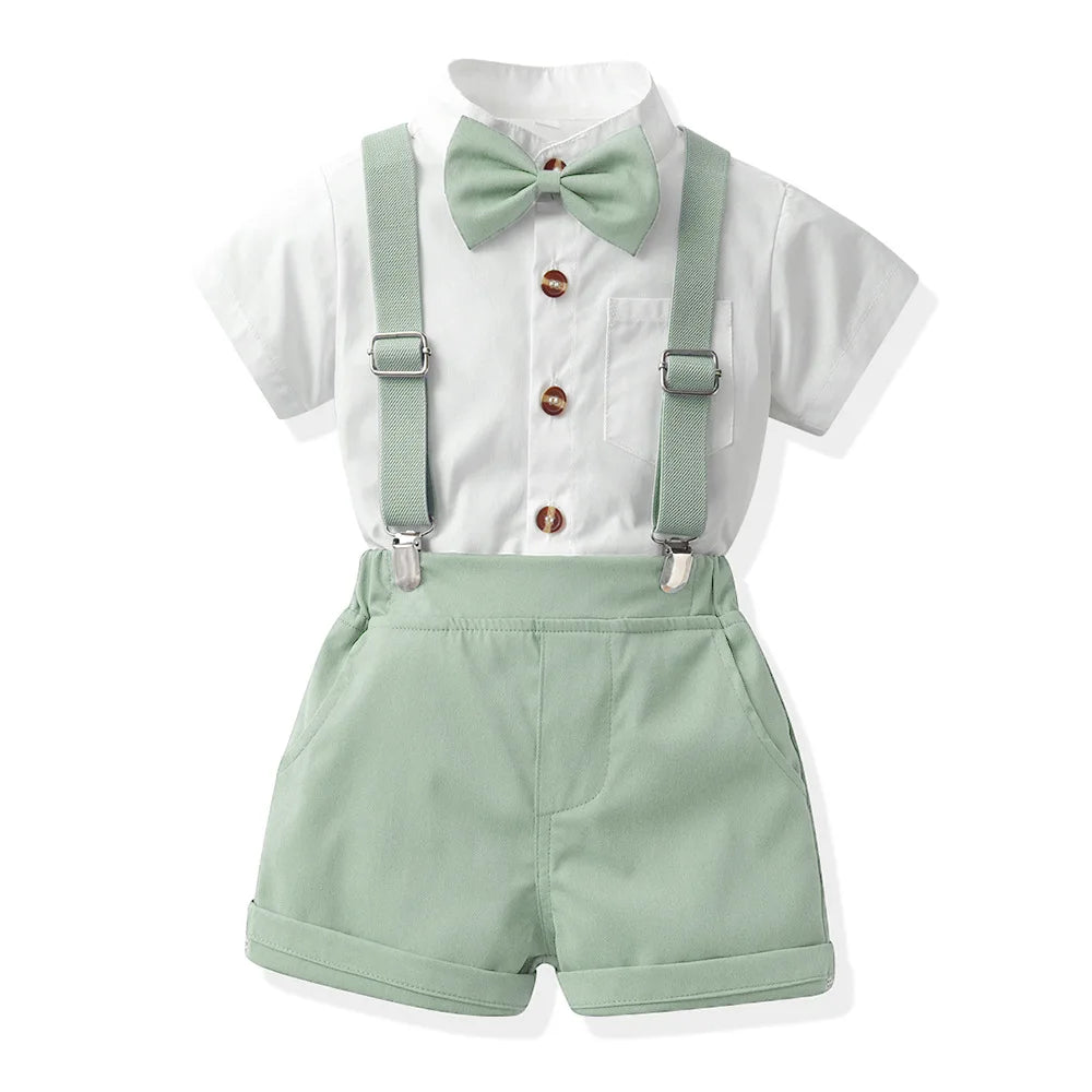 Children Formal Clothing Summer Comfortable Two Piece Set Kid Short Sleeve Shirt Bow Tie Suspenders Shorts Boy Elegant Outfit