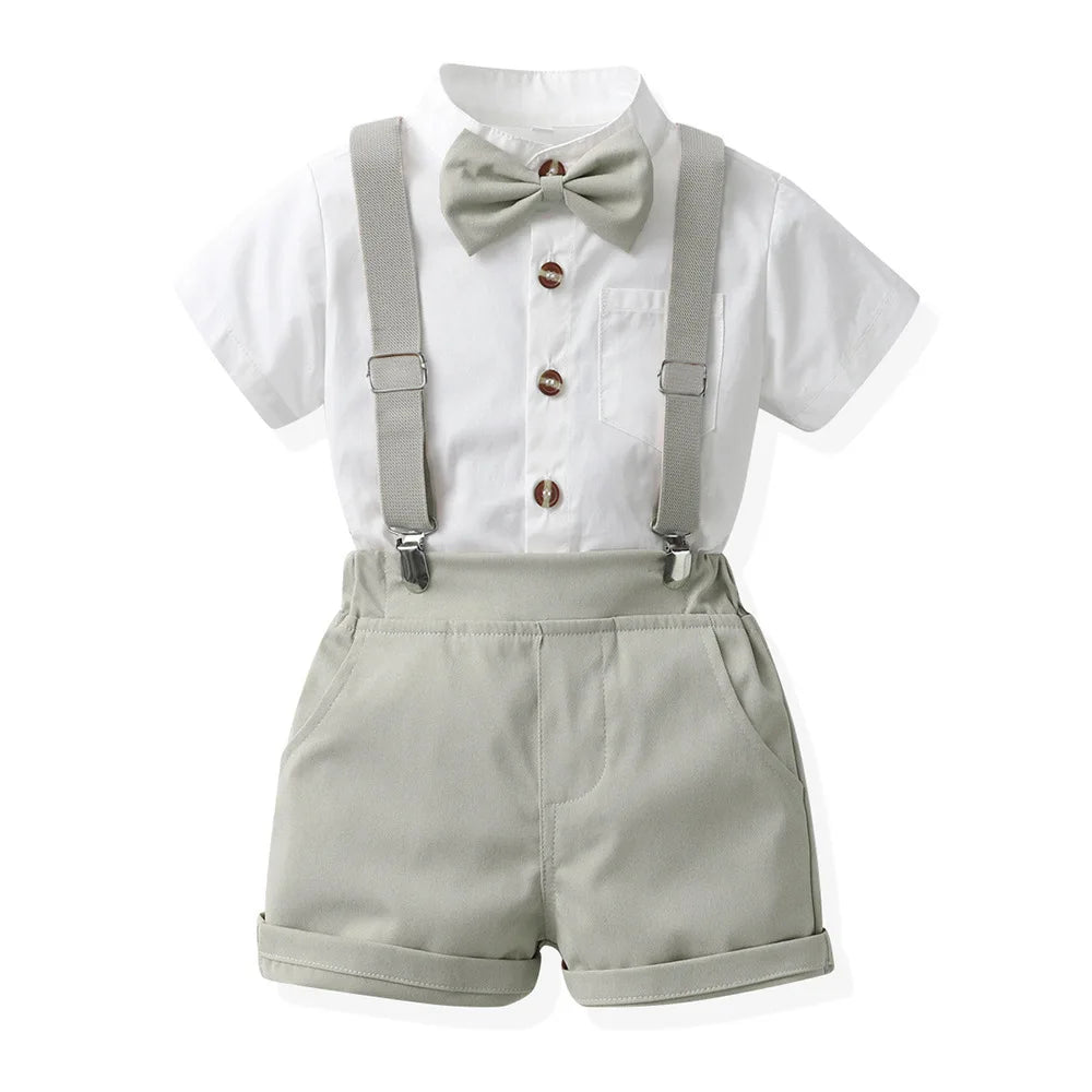 Children Formal Clothing Summer Comfortable Two Piece Set Kid Short Sleeve Shirt Bow Tie Suspenders Shorts Boy Elegant Outfit
