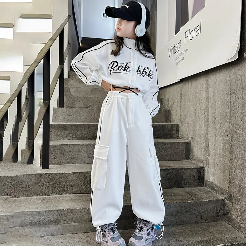 Teen children clothes Girl Dance Clothes Set Short Zipper Coat+Pants 2pcs Kids suit Tracksuits Clothing outfits 5 6 7 9 11 13 15