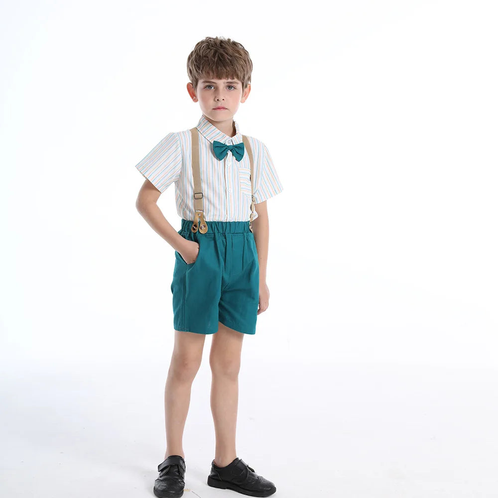 Children Formal Clothing Summer Comfortable Two Piece Set Kid Short Sleeve Shirt Bow Tie Suspenders Shorts Boy Elegant Outfit