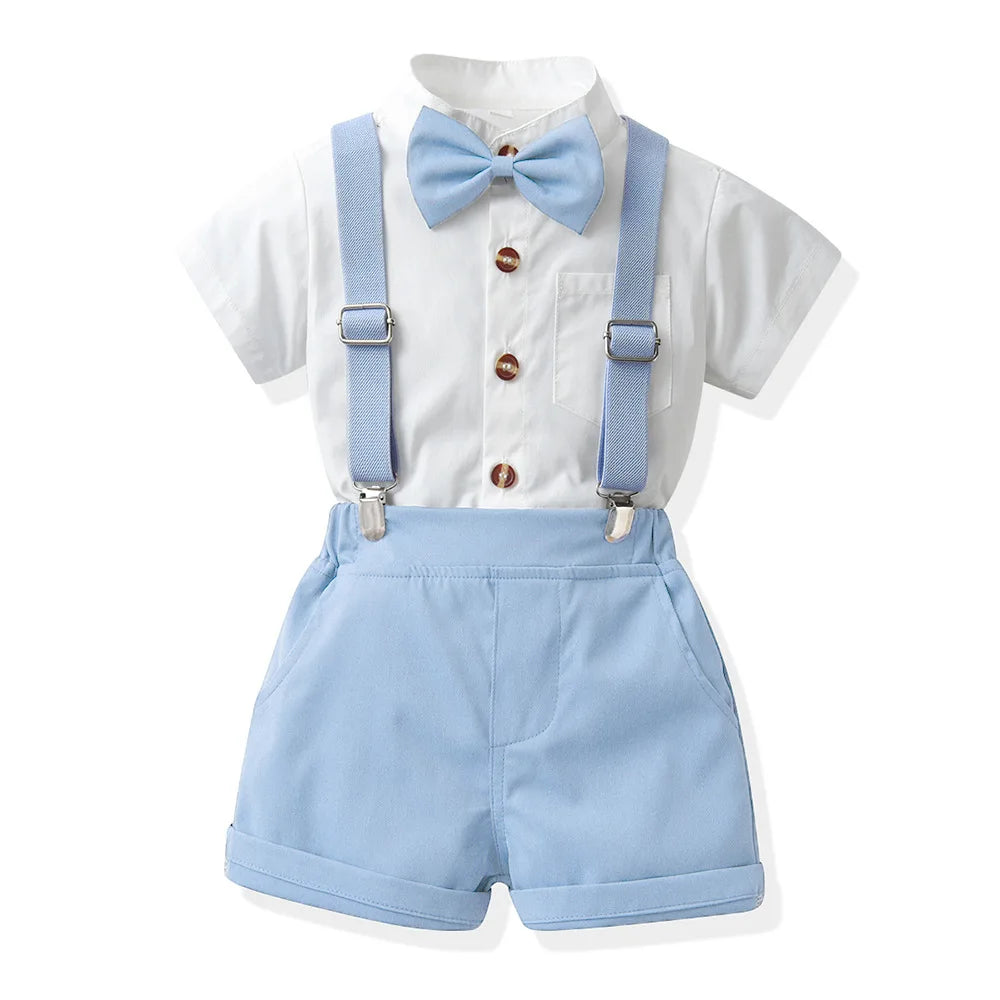 Children Formal Clothing Summer Comfortable Two Piece Set Kid Short Sleeve Shirt Bow Tie Suspenders Shorts Boy Elegant Outfit