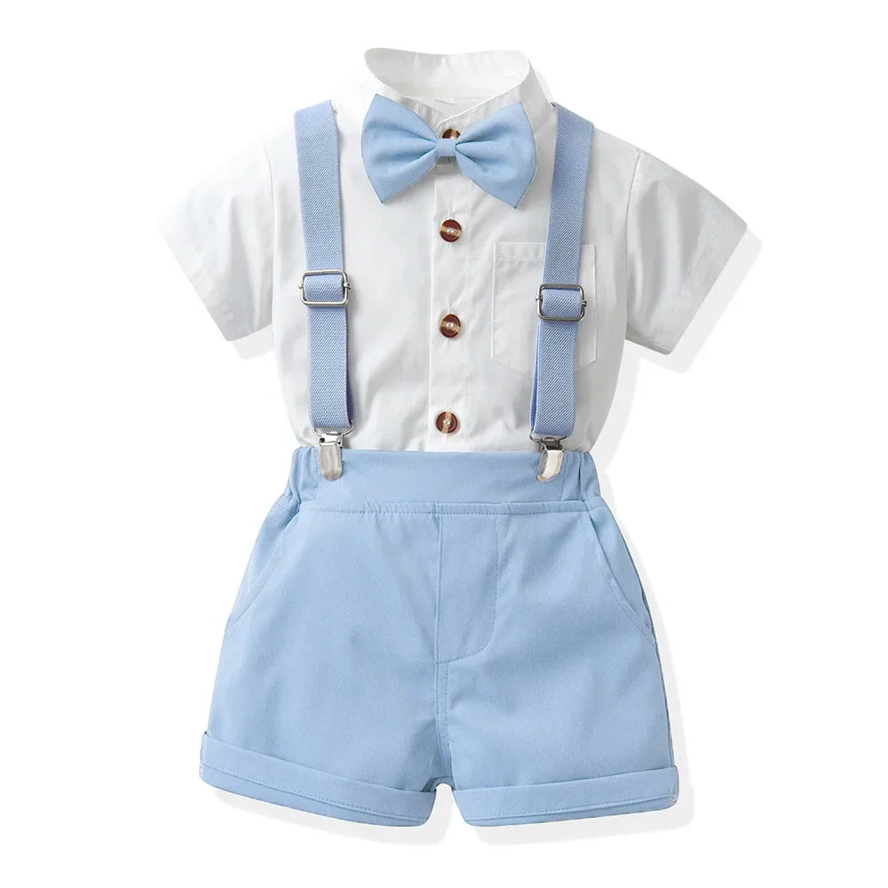 Children Formal Clothing Summer Comfortable Two Piece Set Kid Short Sleeve Shirt Bow Tie Suspenders Shorts Boy Elegant Outfit
