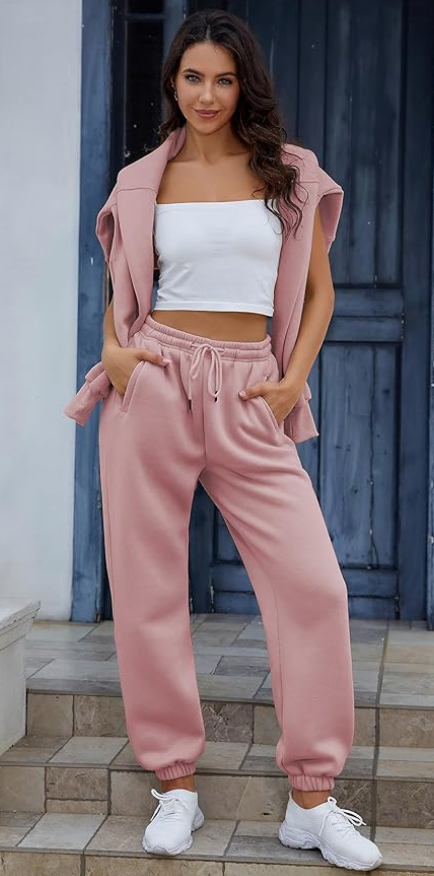 Women's 2 Piece Airport Outfits Fleece Crop Hoodies Pullover Sweatshirt Sweatsuits Joggers Pants Pockets